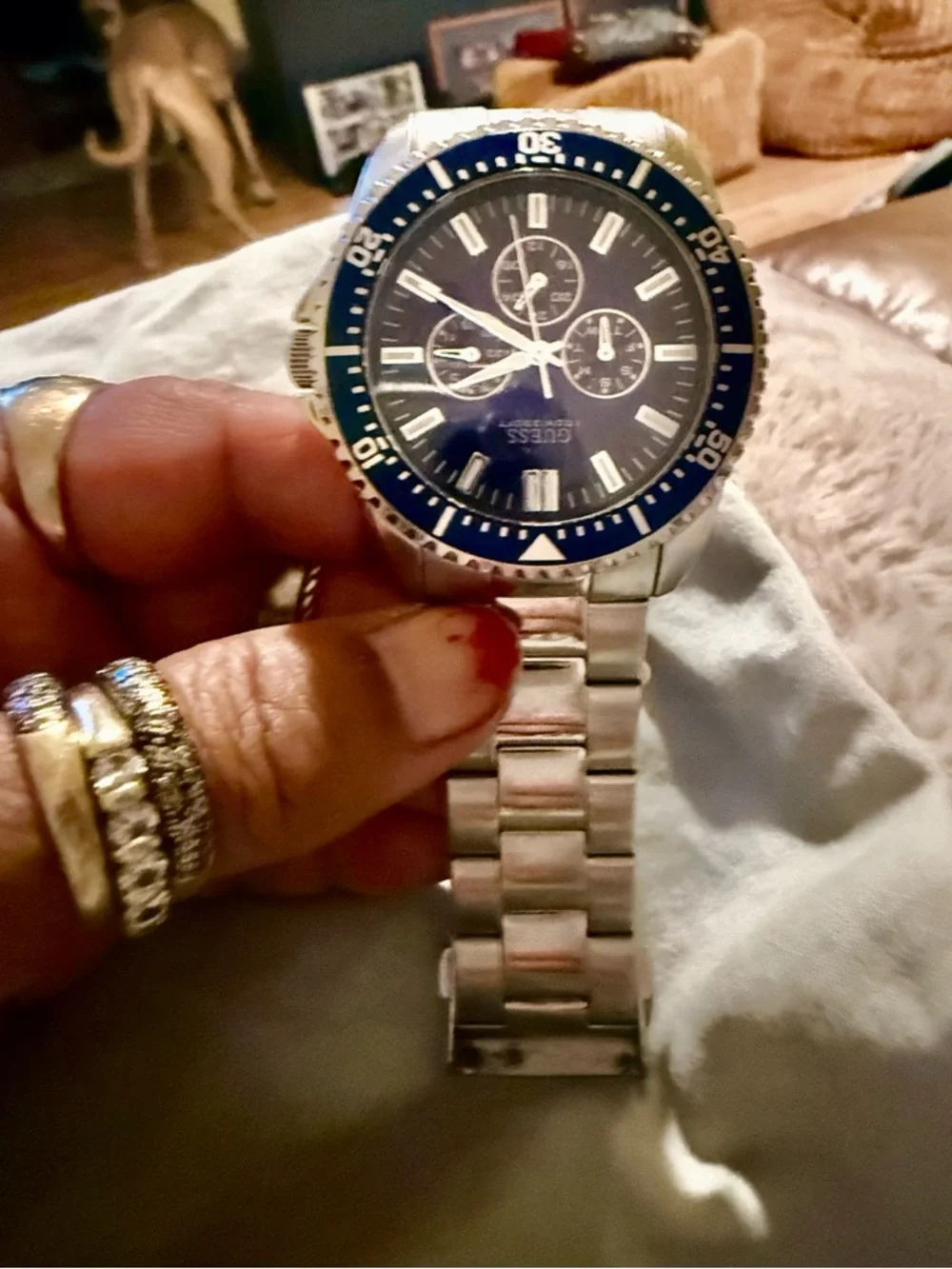 Guess? Silver Bracelet Watch with Blue Dial and Bezel